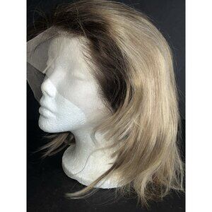 NEW Full Shine Human Hair Lace Wig Blond Rooted Medium Length 14 Inch
